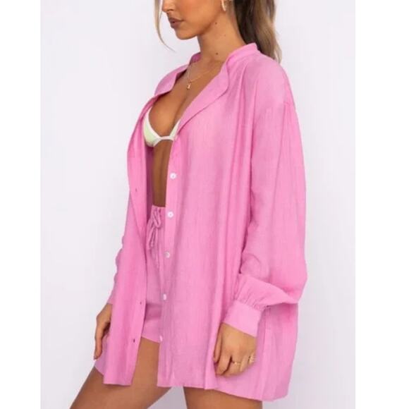 White Fox Crinkle Pink Take Me Out Button Down Shirt Tunic Women's Size M/L - Picture 5 of 14